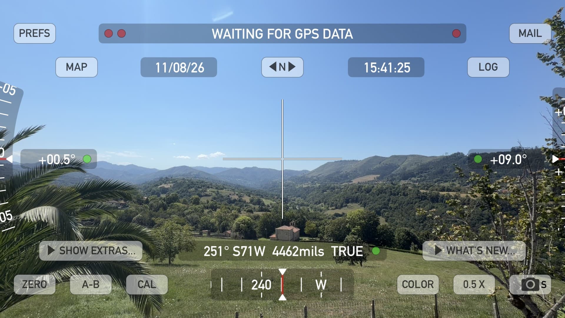 Theodolite app overlay showing the Sun’s predicted position over the northern Spanish mountains