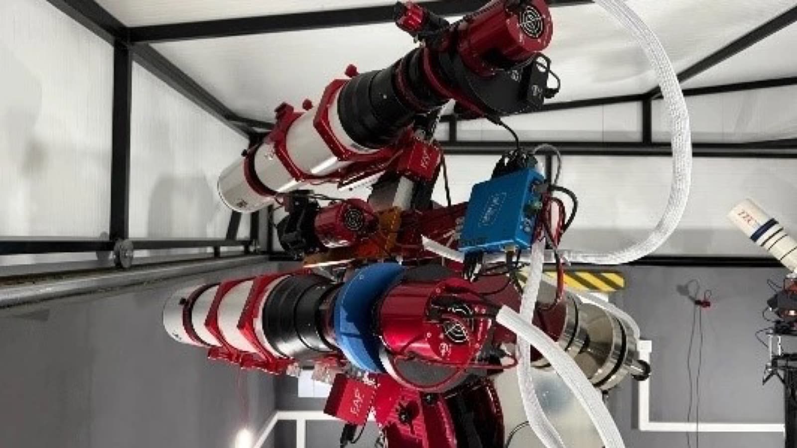 Side view of the ZWO FF130 imaging train inside the observatory